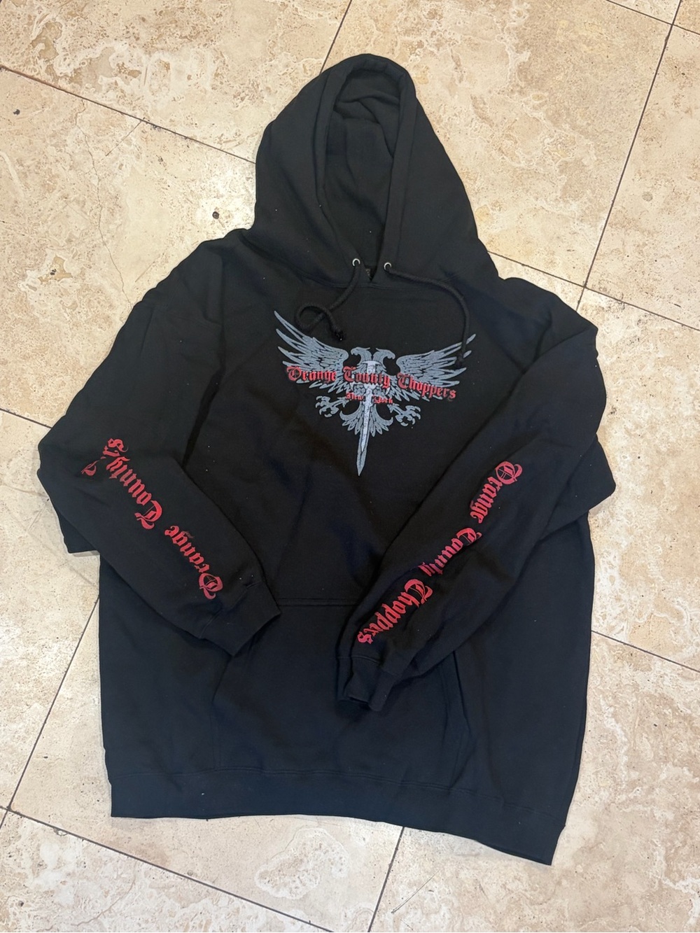 Vintage Orange County Choppers Eagle Dagger Hoodie Black w/ Sleeve Print Sz 2XL